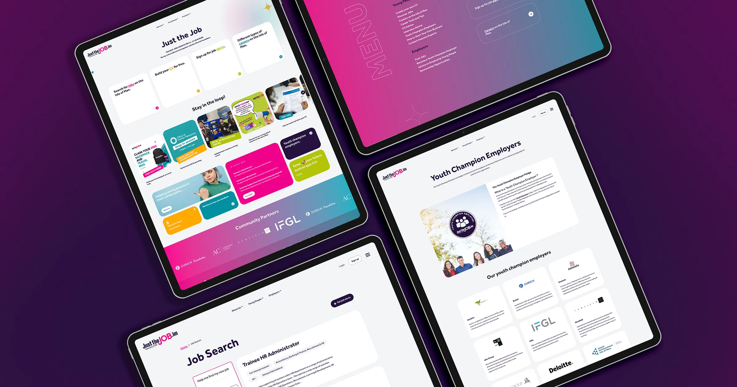 Angled mobile phone displaying the Just the Job job search app interface with pink and purple gradient branding